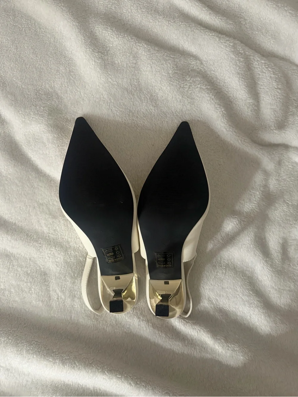 Fashion Nova White Pointed-Toe Slingback Heels with Gold & Silver Accents